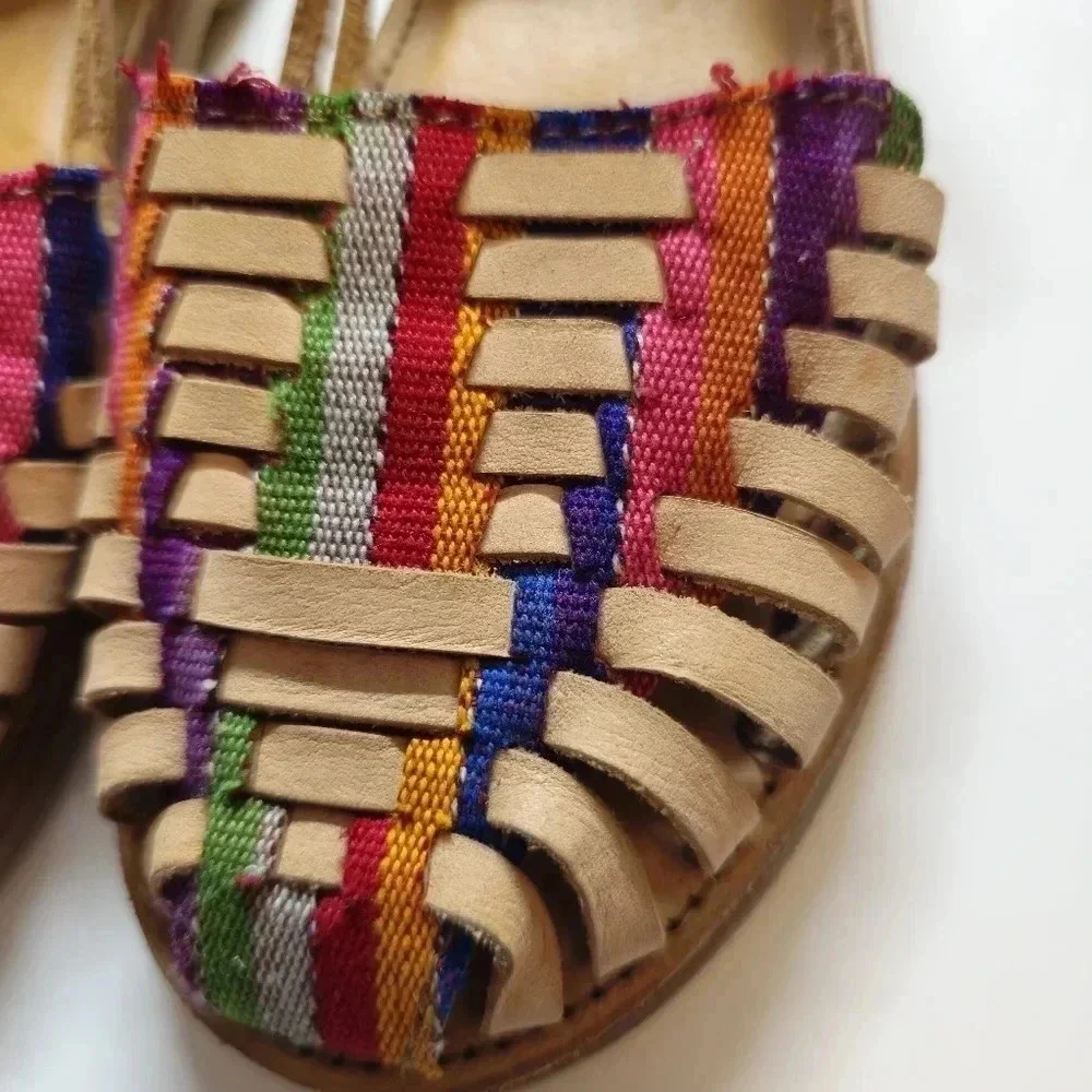 Kids Neutral Leather Huarache Sandals with Multicolor Stripes